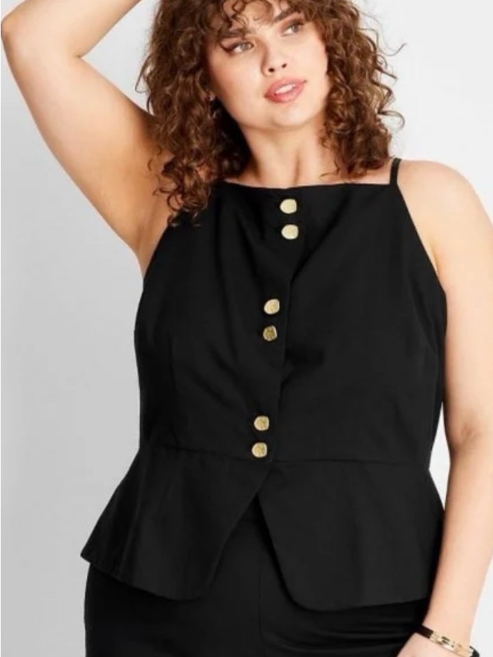 Jenee Naylor Future Collective Black Peplum Button-Front Tank with Gold Buttons